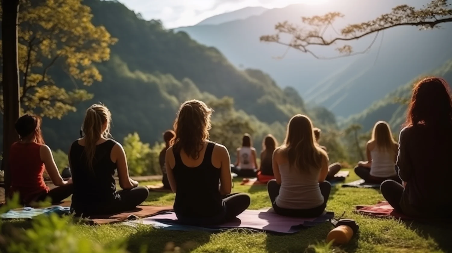 Yoga group overlooking tropical hills