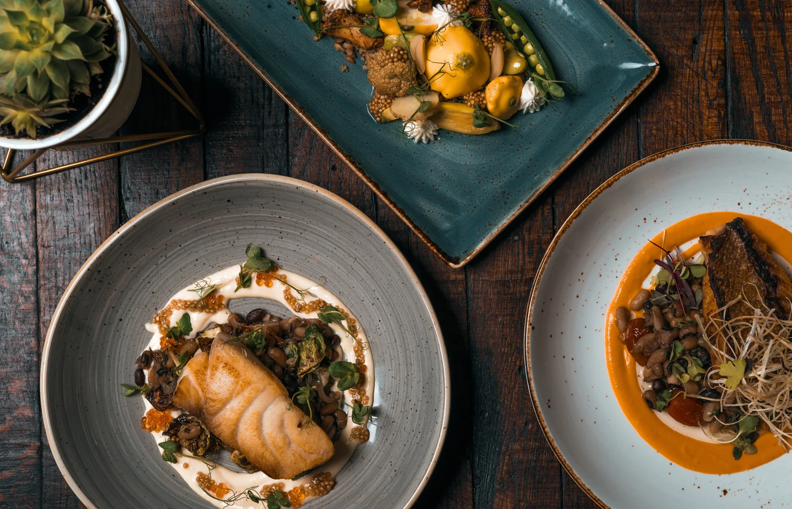 A carefully prepared meal served on handmade tableware